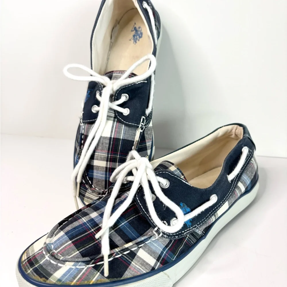 Polo by Ralph Lauren Plaid Canvas Boat Shoes in Navy, White